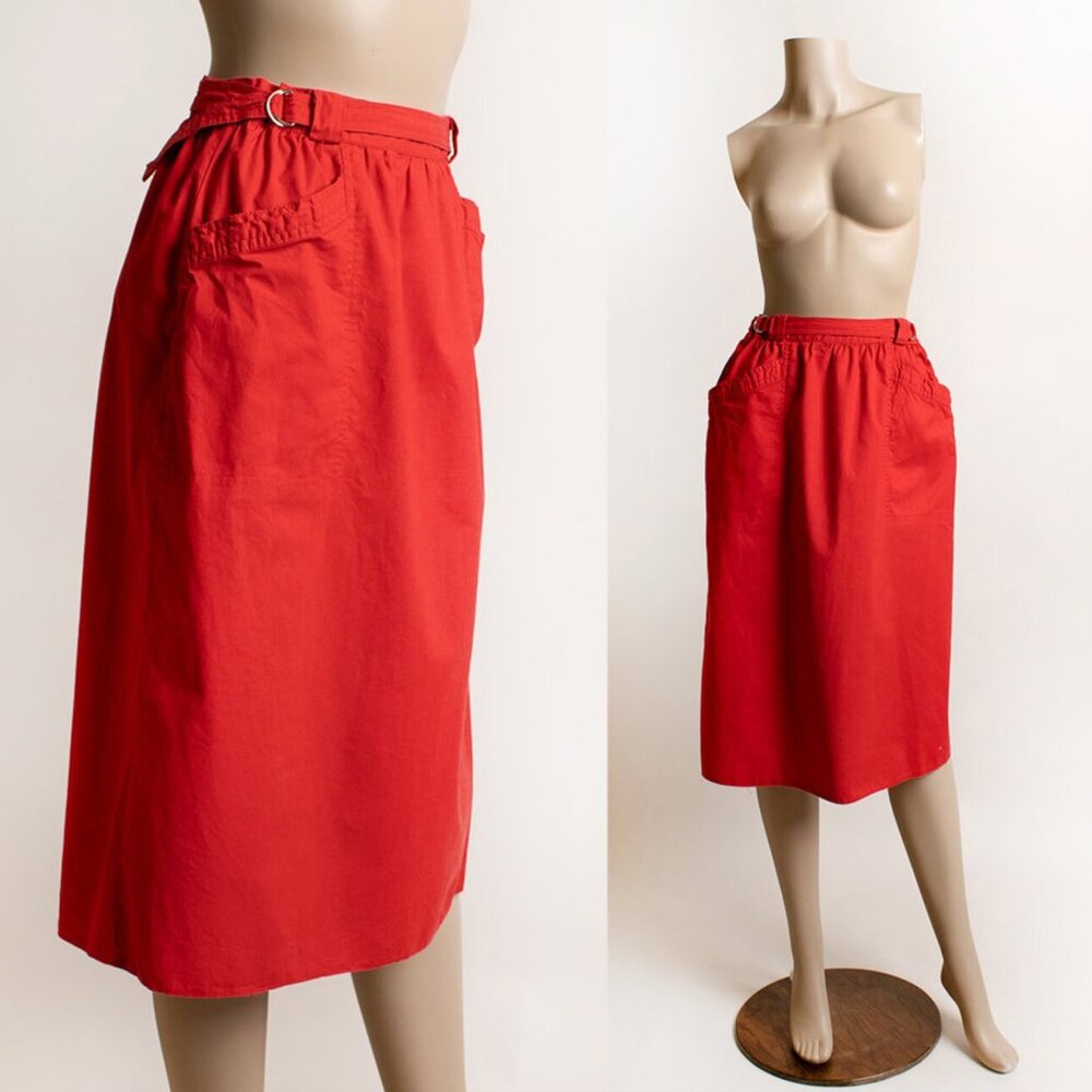 Vintage 1970s Red Cotton Skirt Sailor Nautical 70s Pencil D-Ring Small
